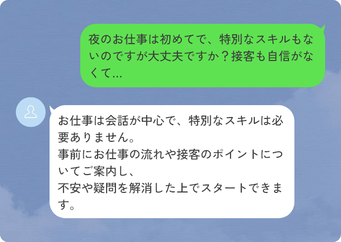質問：夜のお仕事は初めてで、特別なスキルもないのですが大丈夫ですか？接客も自信がなくて…　回答：お仕事は会話が中心で、特別なスキルは必要ありません。事前にお仕事の流れや接客のポイントについてご案内し、不安や疑問を解消した上でスタートできます。